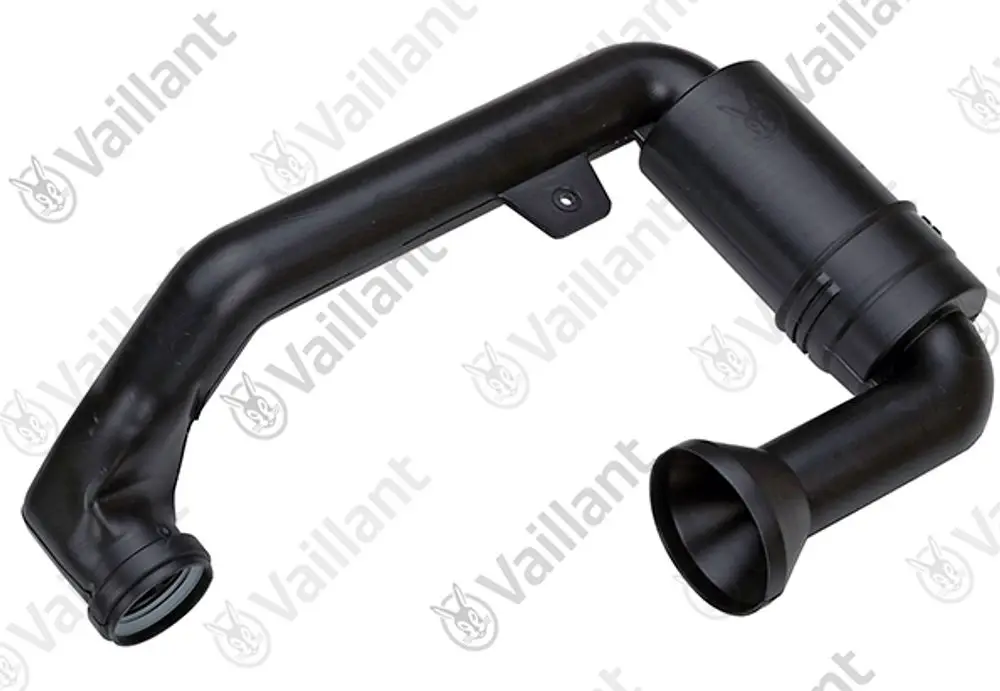 Vaillant Frischluftrohr mit geschwungener Form und zwei Anschlussseiten, in schwarzer Farbe, geeignet für spezifische Heizungsmodelle.